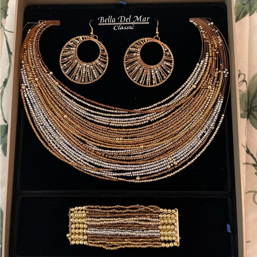 Gold and Silver Layered Beaded Necklace Set with Hoop Earrings